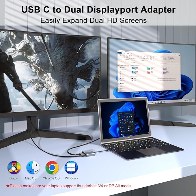 USB C to Dual DisplayPort Adapter, 4K@60Hz Displayport Splitter, Display Port to USB C, Displayport MST Hub, Display Port Splitter for Dual Monitors, DisplayPorts Hub for Dell/Lenovo/HP etc