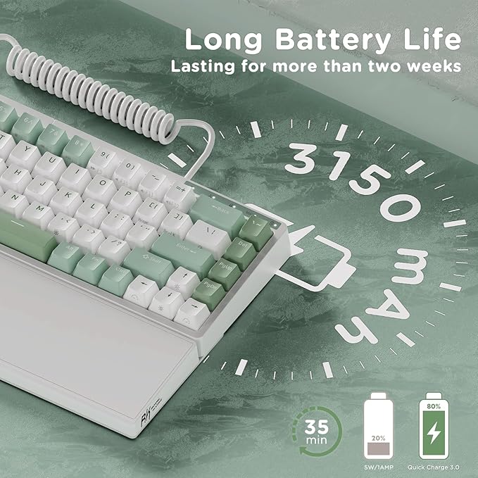 RK ROYAL KLUDGE RKS70 Ergonomic Split Keyboard, Wireless PC Gaming Keyboard with Bluetooth/2.4G/Wired, Hot Swappable Mechanical Keyboards w/Fixed Wrist Rest, PBT Keycaps, Linear Switches, White