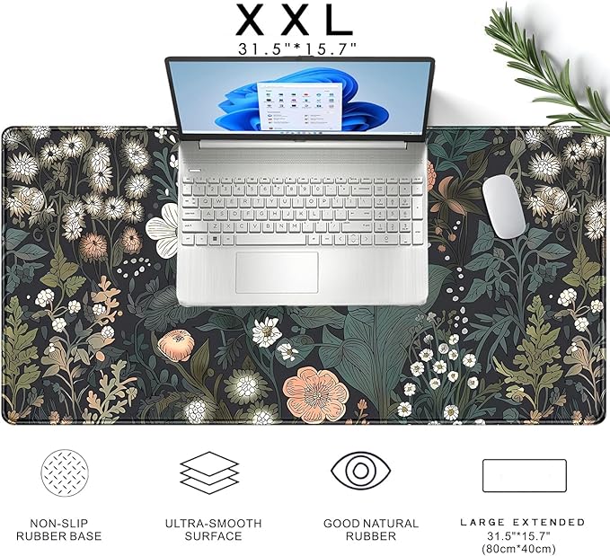 Dark Flower Desk Mat Floral Plants Mouse Pad Boho Aesthetic Wildflowers Large Gaming Mousepad Desk Pad, XXL Keyboard Mouse Mat Full Desktop Mat Women Office Desk Accessories 31.5"x15.7"