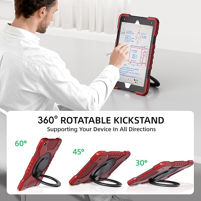 Andnary Case for iPad 9th/8th/7th Generation 10.2 inch, Shockproof Cover with Screen Protector/360° Rotating Handle/Bracket/Pen Holder/Shoulder Strap, Kids Case for iPad 2021/2020/2019 (Red+Black)