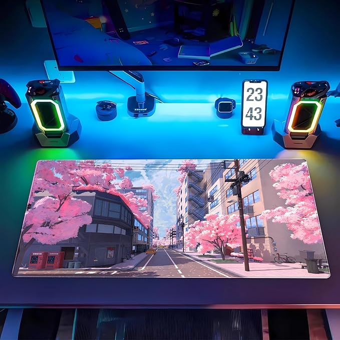 Japanese Cherry Blossom Mouse Pad, Pink Cute Desk Mat Extended XL Large Full Desk Gaming Mousepad 31.5''X15.7'' Computer Laptop Desk Pad Keyboard and Mouse Mat for Office Desktop Decoration