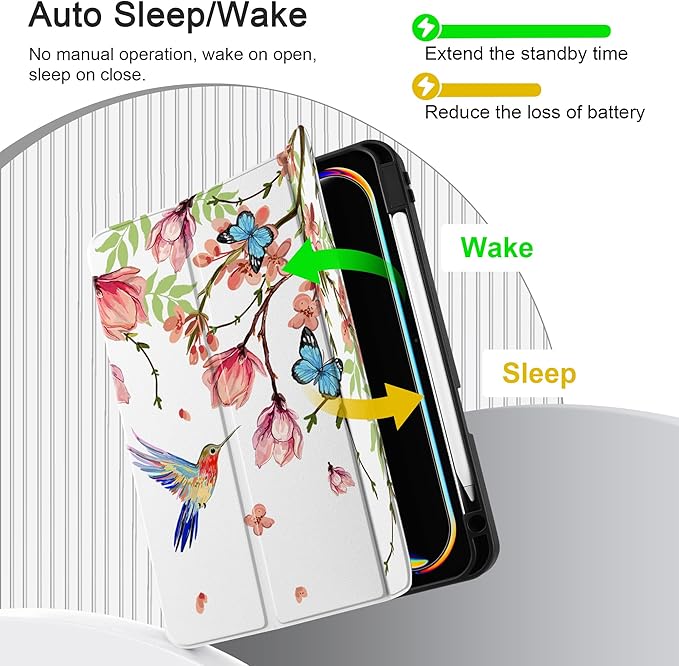 MEEgoodo Case for M5 iPad Pro 11 inch 2025/M4 iPad Pro 11 inch Case 2024, Tablet Cover with Trifold Stand & Pencil Holder & Auto Wake/Sleep & Soft TPU Back Cover, Birds & Flowers
