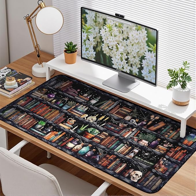 Mysterious Library Magic Desk Mat Large Gaming Mouse Pad Fantacy Bookshelf Book Witchy Decor Mousepad with Stitched Edges, Keyboard Mouse Mat for Work Game Office Home 31.5x15.7 in