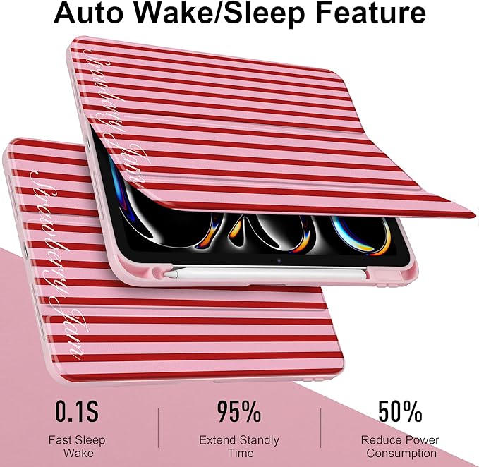 Case for iPad Pro 13 inch (M5) 2025 (M4) 2024 Release Cute Red Pink Striped Trifold Stand Cover with Clear Back Auto Wake Sleep Aesthetic Preppy Design for Girls Women, Stripe