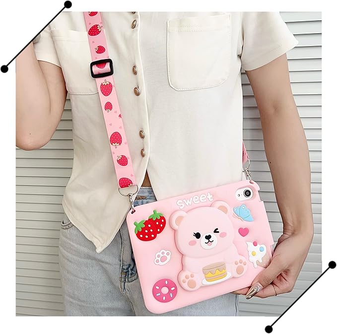 for iPad mini 6/7 Case for Girls- 8.3 inch iPad mini 7th Generation A17 pro Soft Silicone Cover with Pencil Holder,Shoulder Strap & Stand for School,Cute Bear Strawberry Gift for Teen Kids