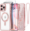 Meifigno Designed for iPhone 16 Pro Max Case 6.9", [Glitter Card & Wrist Strap], Compatible with MagSafe, 1X HD+1X Privacy Screen Protectors, Surround Lens Protection Designed for 16 ProMax, Rose Gold