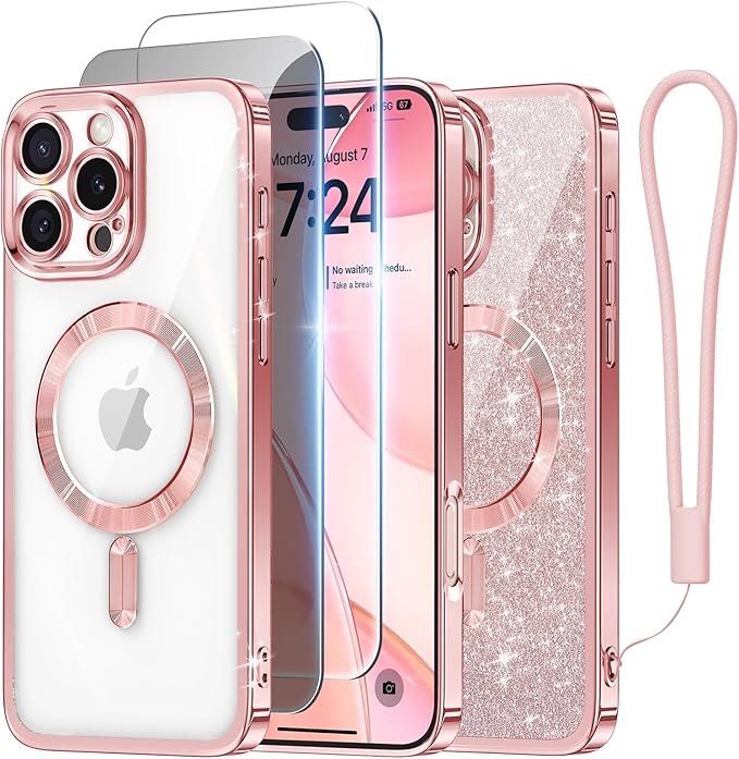 Meifigno Designed for iPhone 16 Pro Max Case 6.9", [Glitter Card & Wrist Strap], Compatible with MagSafe, 1X HD+1X Privacy Screen Protectors, Surround Lens Protection Designed for 16 ProMax, Rose Gold