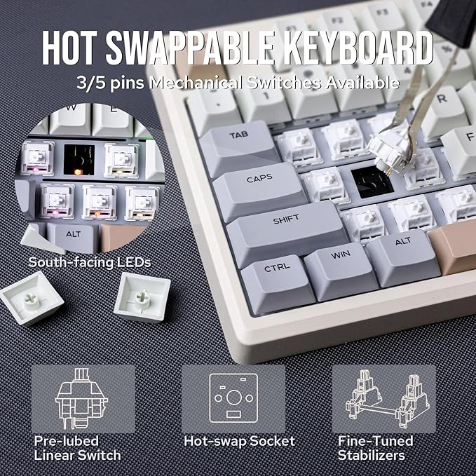 EPOMAKER Galaxy100 QMK/VIA Wireless Gaming Keyboard, Aluminum Shell, BT/2.4Ghz/USB-C, Pre-Lubed Hot-Swappable Linear Switches, NKRO, RGB Backlit (Creamy White, Marble White Switch)