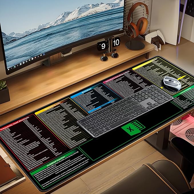 Excel Shortcuts Mouse Pad，Extended Large XXL（35.4x15.7x0.12in） Cheat Sheet，Gaming Mousepad，Giant PC Office Excel Desk Pad，Waterproof Keyboard Mat，Non-Slip Rubber Base，Stitched Edges