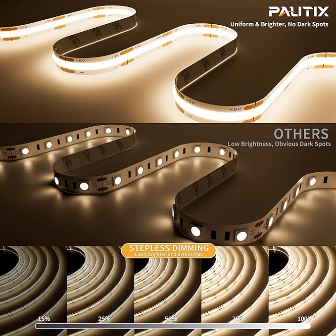 PAUTIX 5V USB COB LED Strip Lights Dimmable LED Lights 4000K Natural White with RF Remote,1200lm,Dotless Flexible Tape Light for Under Cabinet,Bedroom,TV Backlight,Kitchen,Shelf,Mirror Lighting 6.56ft