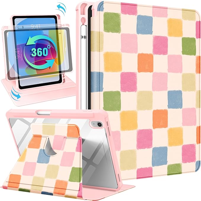 Uppuppy for iPad A16 Case for iPad 10th Generation Case 10.9 inch - 360 Degree Rotating Stand Folio Smart Cover with Pencil Holder for Women Girls, Colorful Checkered for Apple 10th 2022/11th 2025