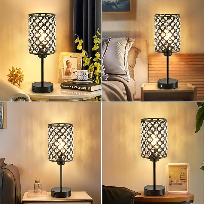 GyroVu Crystal Table Lamp, Black Lamp for Bedroom Nightstand with USB C+A Ports, Dimmable Touch Lamp with Crystal Shade, Bedside Lamp Small Lamp for Bedroom, Living Room, Office (Buld Included)