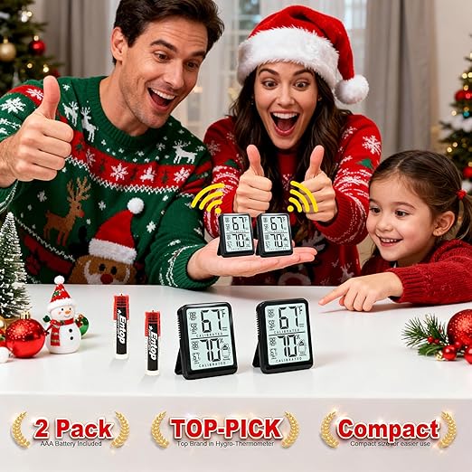 Antonki 2-Pack Room Thermometer, Digital Small Hygrometer Indoor Thermometer Humidity Gauge, Temperature Humidity Meter with Max/Min Record Monitor Sensor for Home, Plants - Battery Included