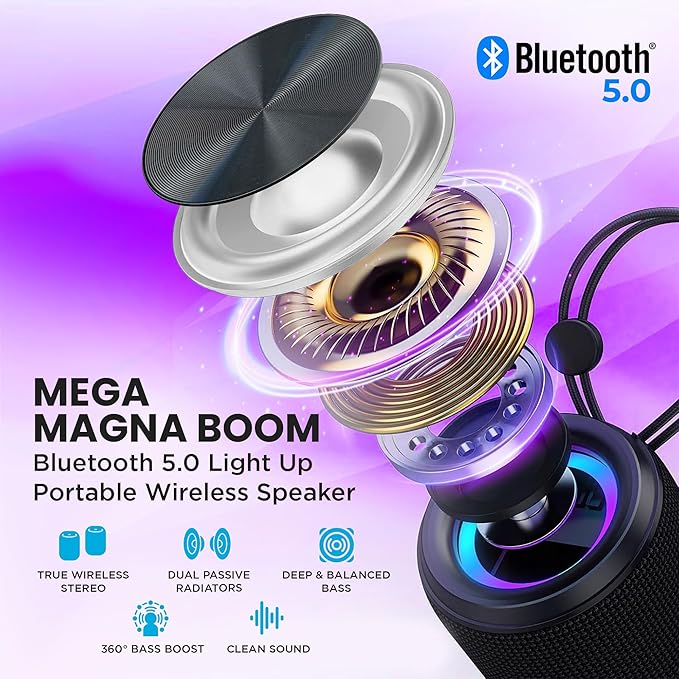 Mega Magnaboom Small Bluetooth Speaker | Portable 5.0 Bluetooth Waterproof Speaker | Wireless, LED Lights, Enhanced Bass, Indoor/Outdoor Parties and Travel