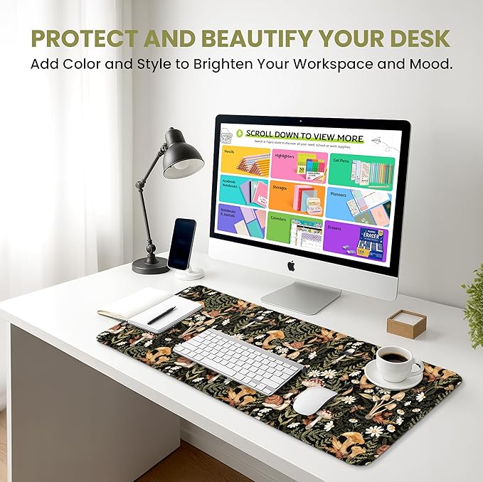 Large Mouse Pad for Desktop, Cute Desk Mat Pad Protector for Work & Gaming, Aesthetic Pretty Anti-Slip Laptop Blotter Cover for Office School Home Supplies, Mushroom, 35.4" x 15.7"