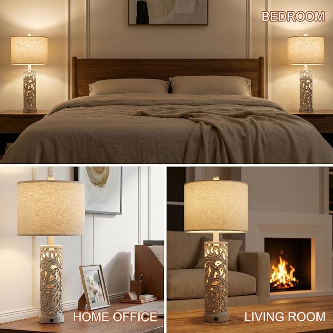 OYEARS 2-in-1 Light Table Lamp Set of 2 for Living Room, 28.5" Farmhouse Bedside Lamps with USB Charging Port, Main&Night Light & Dual Switches, Nightstand Lamp for Bedroom Home Office(Bulb Included)