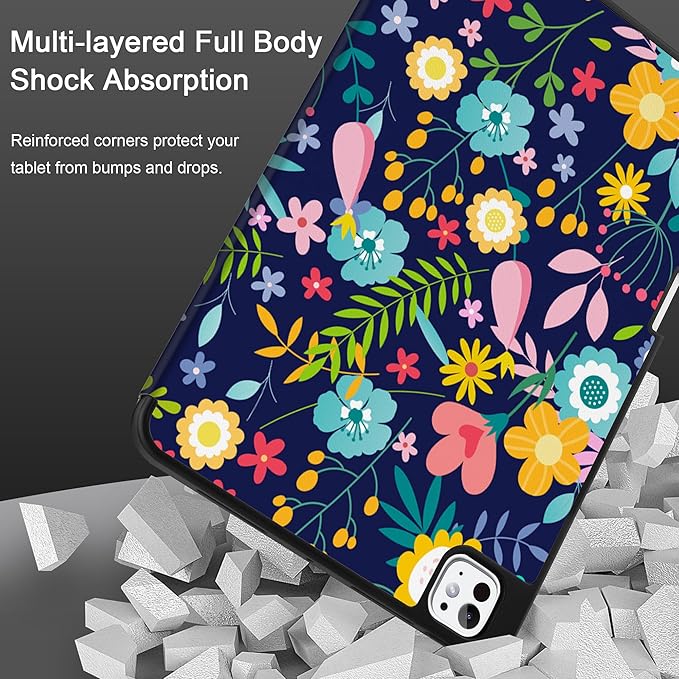 DONGKE Case for iPad Pro 11 inch (M5 2025 / M4 2024, 6th & 5th Generation) – [Built-in Pencil Holder] Ultra Slim PU Leather Trifold Stand Cover with Soft TPU Back, Auto Wake/Sleep, Florals