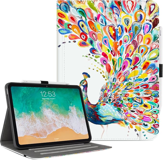 Vimorco Case for iPad (A16) 11th Generation 2025, for iPad 11th/10th Generation Case, Pencil Holder & Hand Strap & Pocket, Multiple Stand Protector PU Leather Shell Cover, Auto Wake/Sleep, Peacock