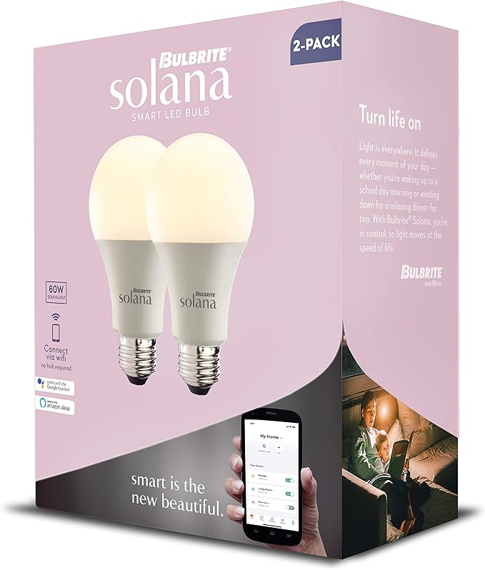 Bulbrite Solana A19 WiFi Connected LED Smart Light Bulb, 60 Watt Equivalent, Frost