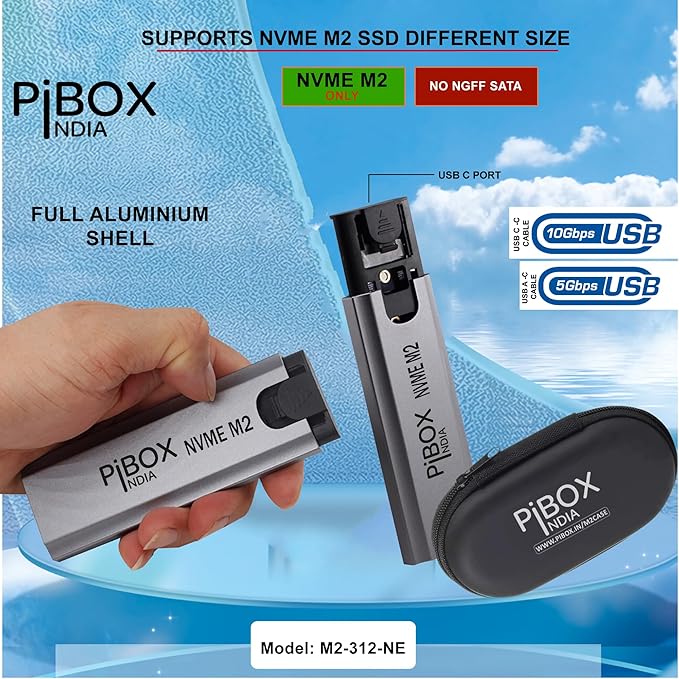 NVME M2 Enclosure, PiBOX India NVMe SSD Enclosure - USB 3.2 10Gbps, Tool-Free M.2 NVMe Case, PCI-E NVMe Reader, USB-C, Supports M & B&M Keys, 2230/2242/2260/2280 SSDs, REALTEK RTL9210 Chipset
