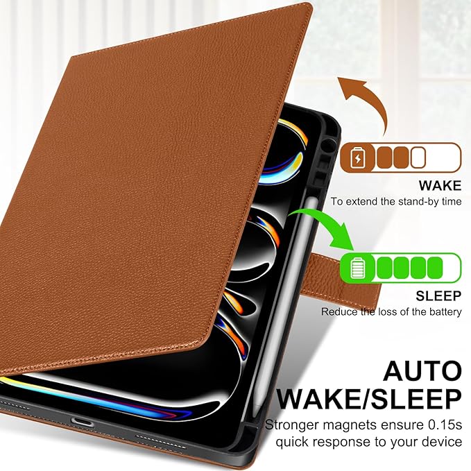 Genuine Leather Case for iPad Pro 11 inch Case (M5) 2025 / (M4) 2024 | with Pencil Holder and Adjustable Stand, Magnetic Closure, Auto Wake/Sleep Cover | Brown