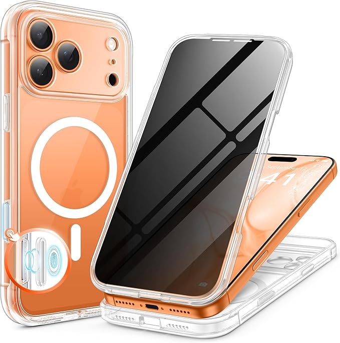 BERFY for iPhone 17 Pro Max Case, Compatible with MagSafe, Built-in Privacy Screen Protector, Camera Protection, Shockproof Full Body Phone Case 6.9", Clear
