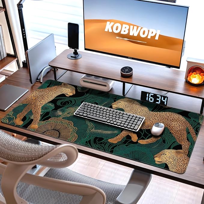 35.4 x 15.7 in, XXL Large Mouse Pad for Desk, Extended Keyboard Mouse Mat for Computer Office, Big Mouse pad with Stitched Edges, Gaming Pc-Leopards on Tropica