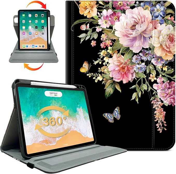 Vimorco for iPad Air M4/M3/M2 11 Inch Case 2026,for iPad Air 5th/4th Gen Cases 10.9-inch,for iPad Pro 11 Inch Case 4th/3rd/2nd/1st Generation 360 Degree Rotating Pencil Holder 4 Viewing Angles, Flower