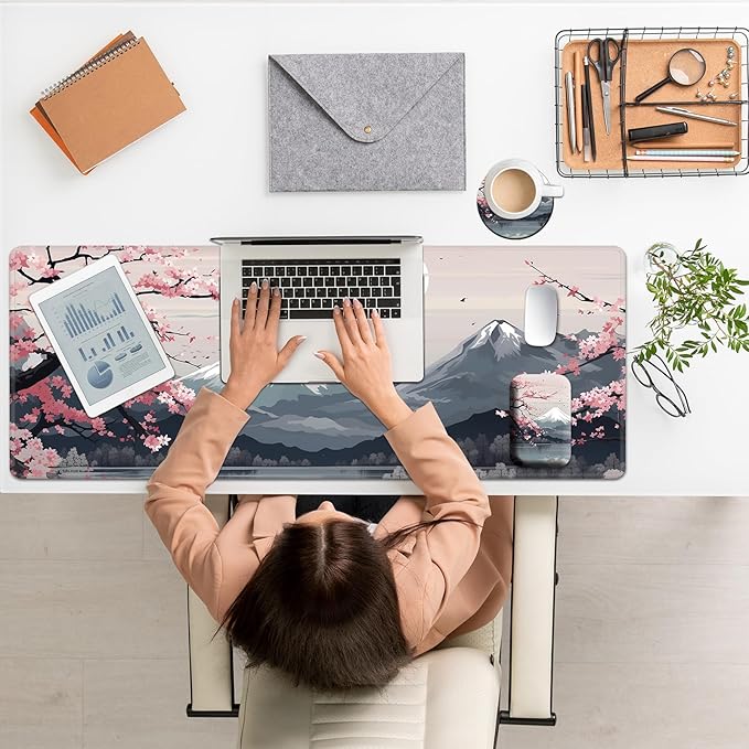 Large Mouse Pad Set, Desk Mat + Elbow Rest Pad + Coaster, Easy Typing Pain Relief, Ergonomic Arm Rest Pad with Memory Foam, Extended Desk Pad Anti-Slip Rubber Base for Home, Cherry Blossom Mount Fuji