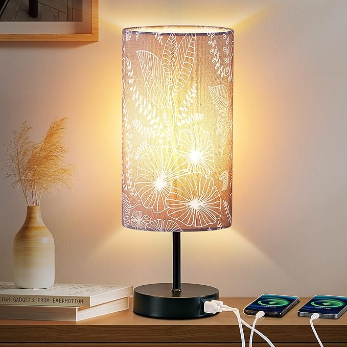 CINSARY Touch Control Bedside Lamp with 2 USB Ports, 3-Way Dimmable Table lamp for Bedroom, Nightstand Lamp with Round Grey Fabric Shade for Living Room Home Office (E26 LED Bulb Included)
