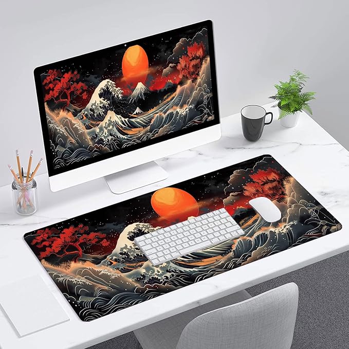 Japanese Waves Gaming Mouse Pad Watercolor Waves Mousepad XL Large Gaming Mouse Pad Laptop Keyboard Mat Desk Pad 31.5"x11.8" Office Home Decor for Women Girl
