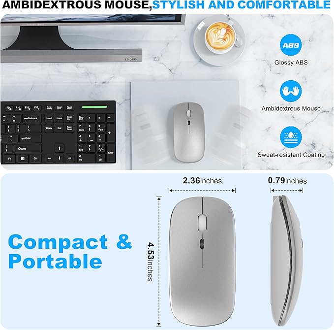 Bluetooth Wireless Mouse, Slim LED Rechargeable Silent Mouse with 2.4GHz USB-A/USB-C Receiver & Type-C Adapter, Compatible with Laptop, MacBook, iPad, iPad Pro,Mac,Tablet – Grey