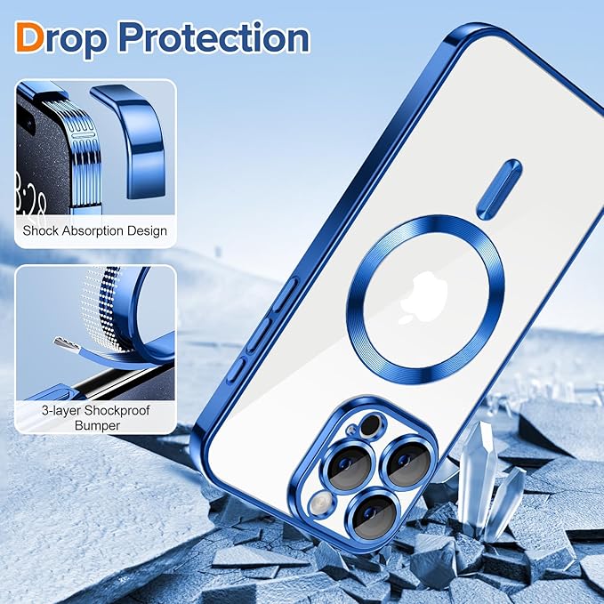 Hython Magnetic Clear for iPhone 15 Pro Case with Camera Lens Protector [Compatible with MagSafe] Luxury Plating Edge Slim Soft TPU Cover Protective Phone Case for iPhone 15 Pro 6.1", Deep Blue