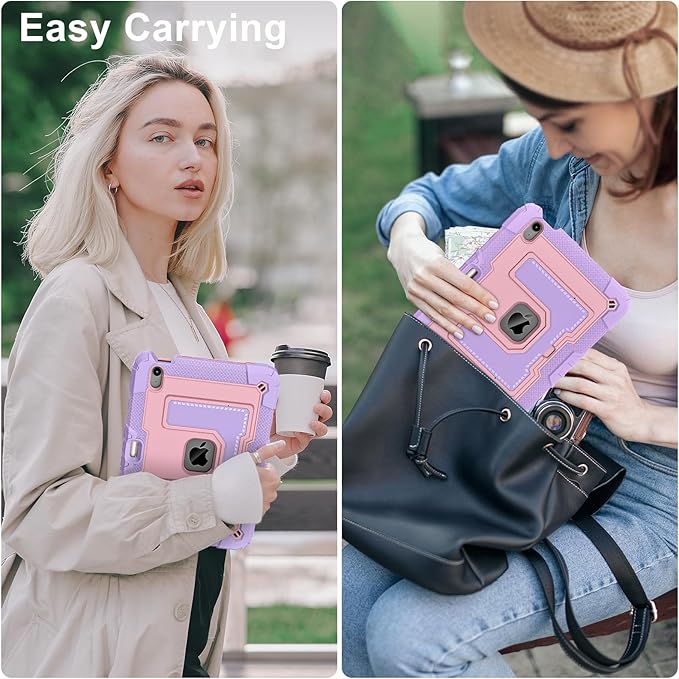 Kids Friendly Case for iPad Air 11 Inch M4 M3 M2 2026/2025/2024 Case with Pencil Holder & Shoulder Strap, Military Grade Shockproof Kickstand Hard Shell Protective Cover,Pink+Purple