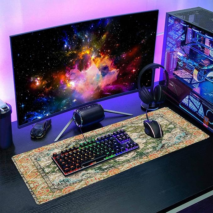 Vintage Rug Mouse Pad XL Green Orange Retro Carpet Aesthetic Extended Table Mat 80X30 cm Non-Slip Rubber Base Stitched Edge Large XL Mousepad for Desk Gaming Laptop Desk Top,31.5×11.8 Inch
