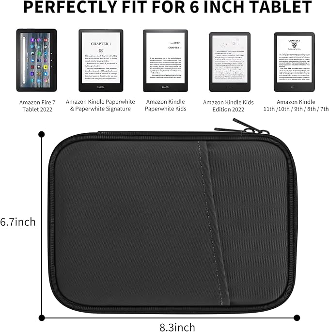 HoYiXi Universal Sleeve Bag for 6",6.8",7" Kindle Paperwhite/Colorsoft 2024-2012 Compatible with 6"-6.8" All-New Kindle/Kobo/Tolino/Sony,6" EReader with Anti-Drop Protective Cover,Black