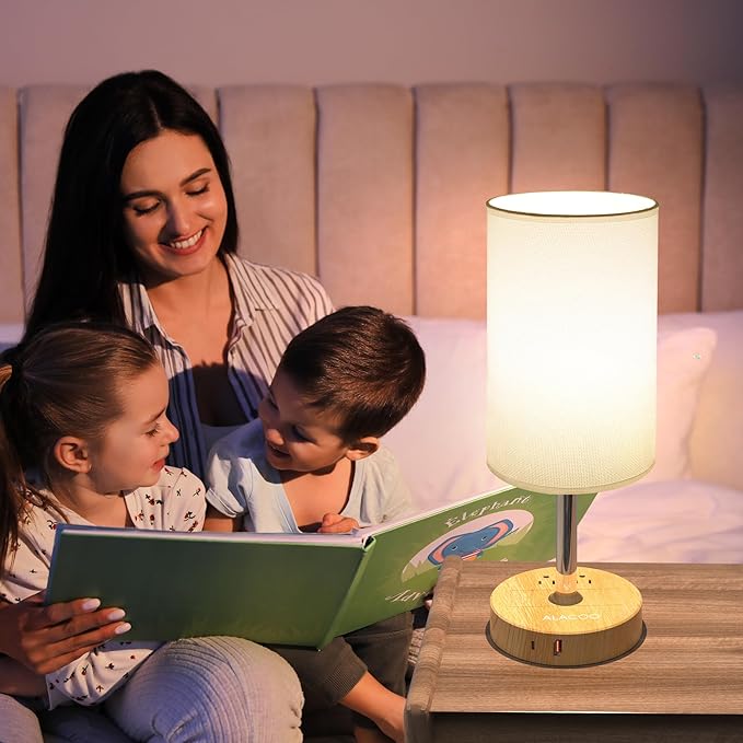 Small Bedside Table Lamp for Bedroom - 3 Way Dimmable Touch Lamp with USB Charging Station and AC Outlet, Wood Base & Fabric Linen Lampshade for Office, Living Room, Dorm, Wood-White, (LED Included)