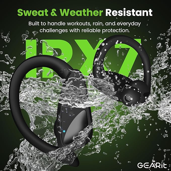 GEARit Sport Hook True Wireless Earbuds Compatible with iPhone & Android - 23H Playtime - IPX7 Water Resistant & Sweatproof - Secure Fit 5.4 Bluetooth Ear Buds - Wireless Bluetooth Earbuds for Workout