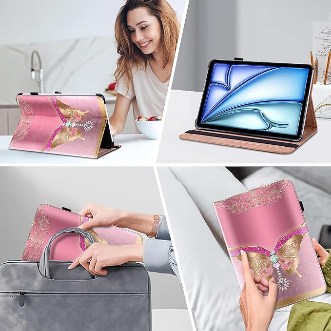 Case for iPad Air 13 inch M4 2026/M3 2025/M2 2024 with Pencil Holder & Card Slots & Auto Sleep, Embossed PU Leather Stand Magnetic Shockproof Cover Case for iPad Air 13 - Pink Butterfly
