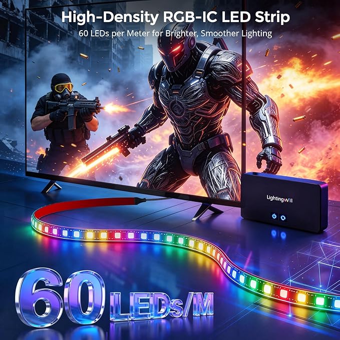 LightingWill TV LED Backlight with 4K HDMI Sync Box, 16.4ft RGBIC LED Strip Lights for 75-85 Inch TV, Sync with Screen, 3 HDMI Inputs, 60 LEDs/m High Density, App Control, Works with Alexa & Google