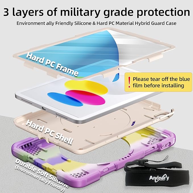 Andnary Case for iPad (A16) 11th Generation 11 inch 2025/10th Generation 10.9 inch 2022, Shockproof Cover with Screen Protector/360° Rotate Handle/Bracket/Pen Holder/Shoulder Strap (Colorful Purple)