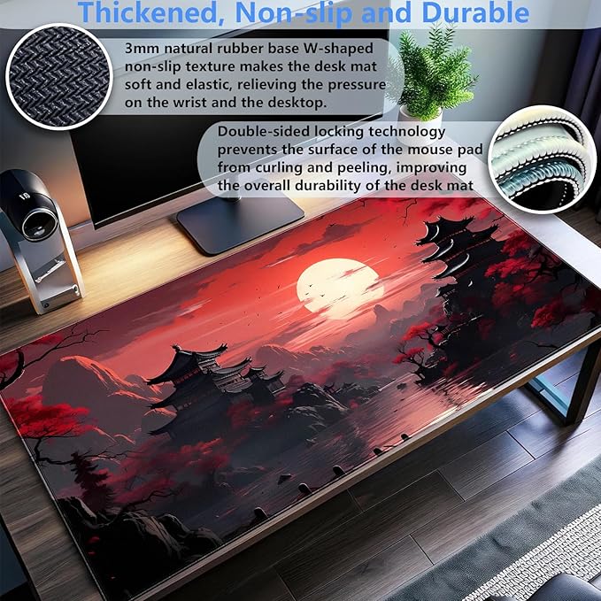 Red and Black Japanese Desk Mat - 31.5x15.7in Extended Gaming Mouse Pad - XL Full Moon Sakura Art Keyboard Mat - Waterproof Stitched Edges Desk Protector for Gaming & Office