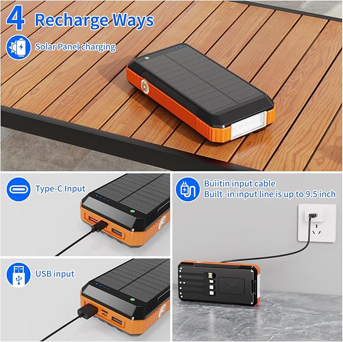 Solar Charger Power Bank 49800mAh, Portable Phone wireless Charging Built-in 4 Cables 22.5W Fast Charging,Type-C input/Output Port Solar Panel Charger with Flashlights&Compass for Camping（Orange)