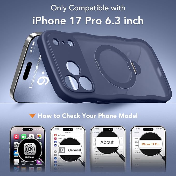 GolbinBox for iPhone 17 Pro Case for Women,[Compatible with Magsafe][360° Spin Magnetic Stand][Cute Wave Edge][Military-Grade Protection] Translucent Matte Phone Case for iPhone 17 Pro, Deep Blue