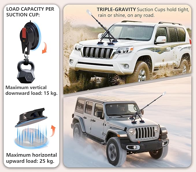 Heavy-Duty Triple Suction Cup Car Mount Kit - Professional External Extension Pole Insta360 Car Mount,Windshield Magic Arm GoPro Car Mount with Action Camera Adapter Compatible with Insta360/GoPro/DJI