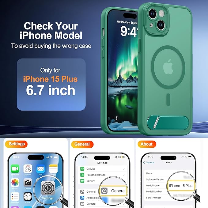 Magnetic Compatible with iPhone 15 Plus Case, [Built-in Kickstand][Full Camera Protection][Compatible with MagSafe][Anti-Fingerprint] Shockproof Phone Case for iPhone 15 Plus 6.7",Cyan