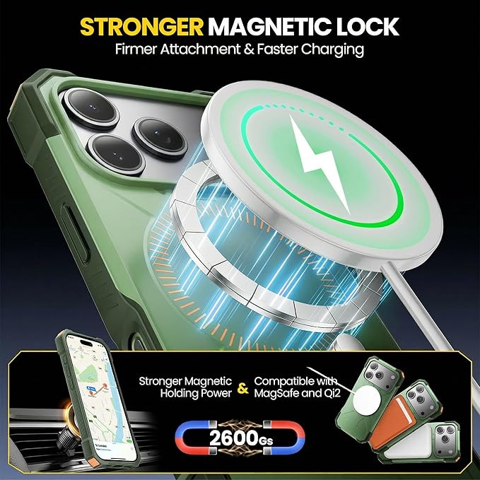 3 in 1 for iPhone 17 Pro Max Case,[1 Screen Protector & 1 Camera Lens Protector ],7X Military-Grade Drop Protection ,Fits MagSafe ,Tough, Rugged & Durable for Heavy Duty iPhone 17 Pro Max Case, Green