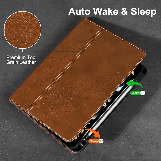 Gexmil Genuine Leather Case for iPad Pro 11 Inch (M5/M4) 2025/2024 with Pencil Holder,Protective Shockproof Leather Smart Folio Cover Adjustable Stand Auto Sleep/Wake Anti-Slip,Yellow Brown