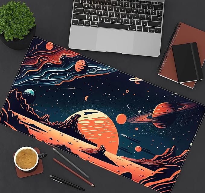 Painted Planets Desk Mat Outer Space Desk Pad, Orange Black Gaming Mouse Pad, Large Keyboard Mouse Mat Work Game, Deskmat with Stitched Edges XXL, Fun Office Decor Desk Accessories 31.5"x15.75"