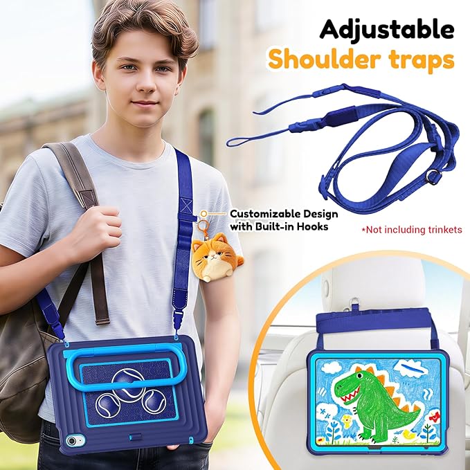 KAIJIAbox Kids Case for iPad A16 11th Generation 11 inch 2025/10th Generation 10.9” 2022- Military-Grade Rugged Drop Protection with Metal Handle/Stand, Screen Protector,Shoulder Strap-Navy Blue